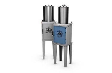 one grey can crusher and one blue can crusher on white background