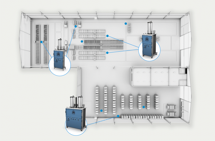 Illustration of a lean production environment in gray tones, showcasing the implementation of three blue balers