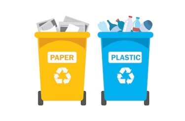 Two recycling bins: yellow for paper and blue for plastic